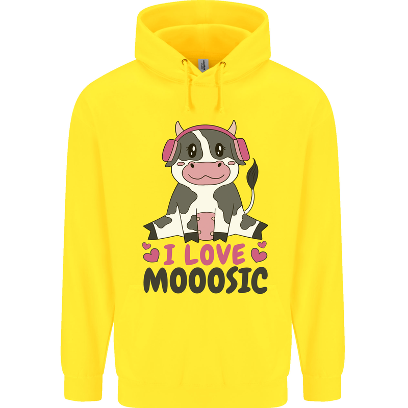 I Love Mooosic Funny Cow DJ Childrens Kids Hoodie Yellow