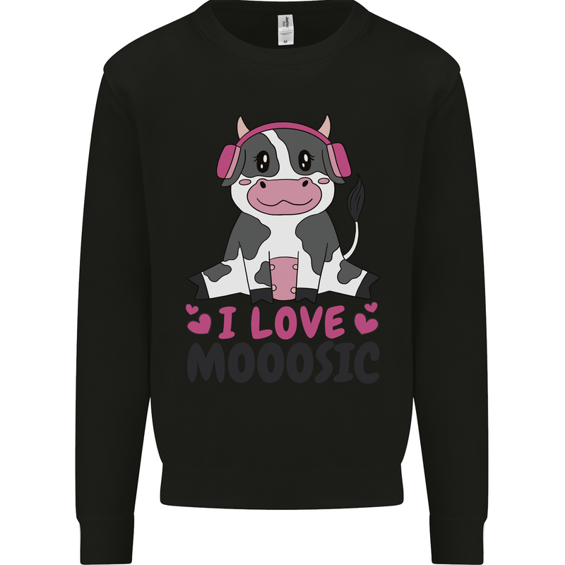 I Love Mooosic Funny Cow DJ Kids Sweatshirt Jumper Black