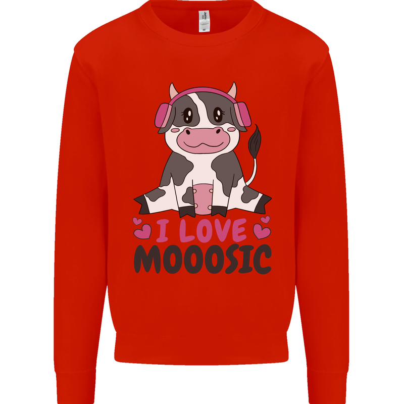 I Love Mooosic Funny Cow DJ Kids Sweatshirt Jumper Bright Red