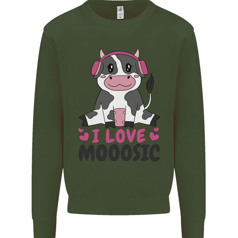 I Love Mooosic Funny Cow DJ Kids Sweatshirt Jumper Forest Green