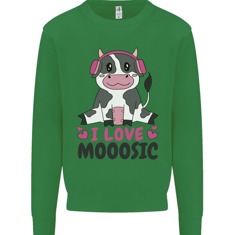 I Love Mooosic Funny Cow DJ Kids Sweatshirt Jumper Irish Green