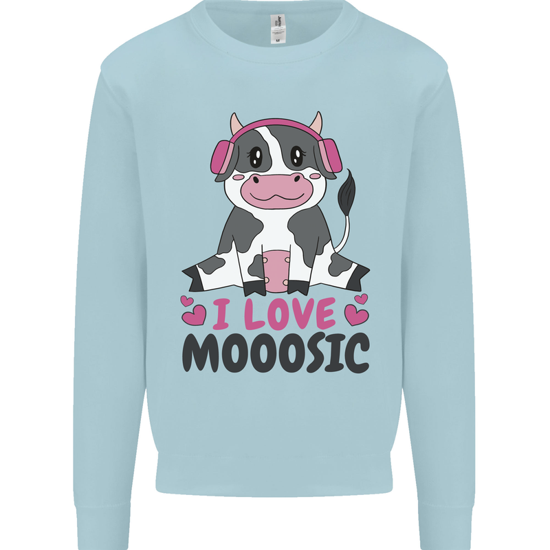 I Love Mooosic Funny Cow DJ Kids Sweatshirt Jumper Light Blue