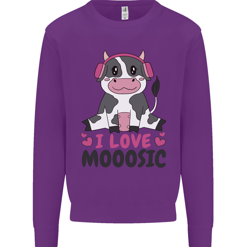 I Love Mooosic Funny Cow DJ Kids Sweatshirt Jumper Purple