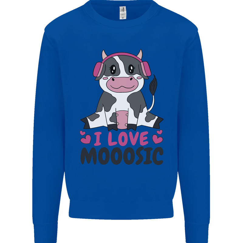 I Love Mooosic Funny Cow DJ Kids Sweatshirt Jumper Royal Blue