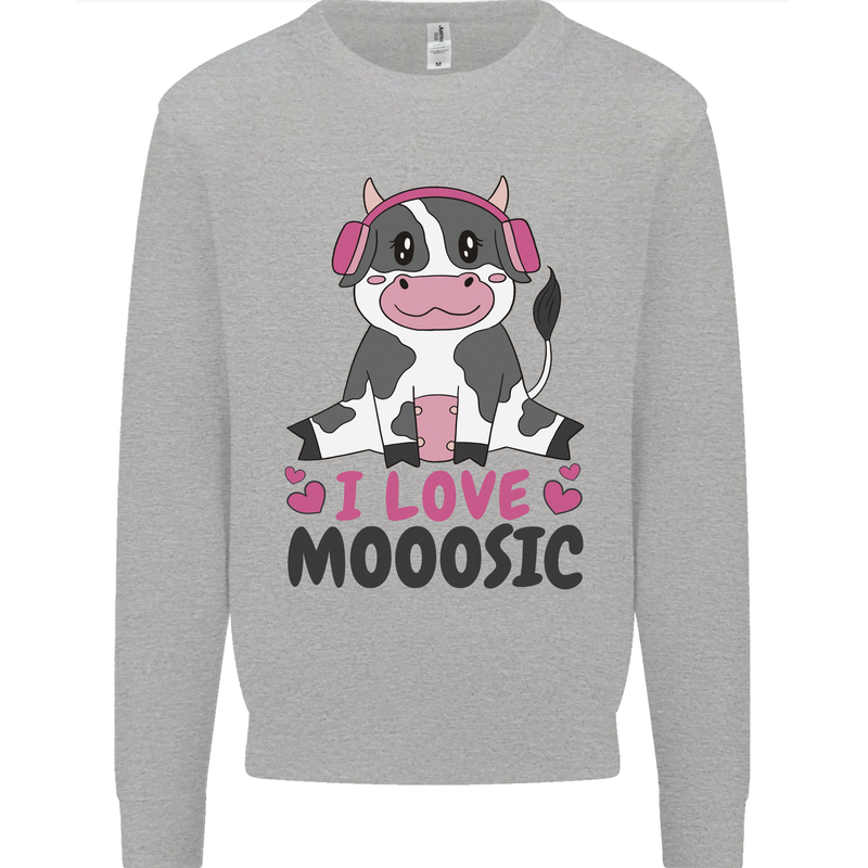 I Love Mooosic Funny Cow DJ Kids Sweatshirt Jumper Sports Grey