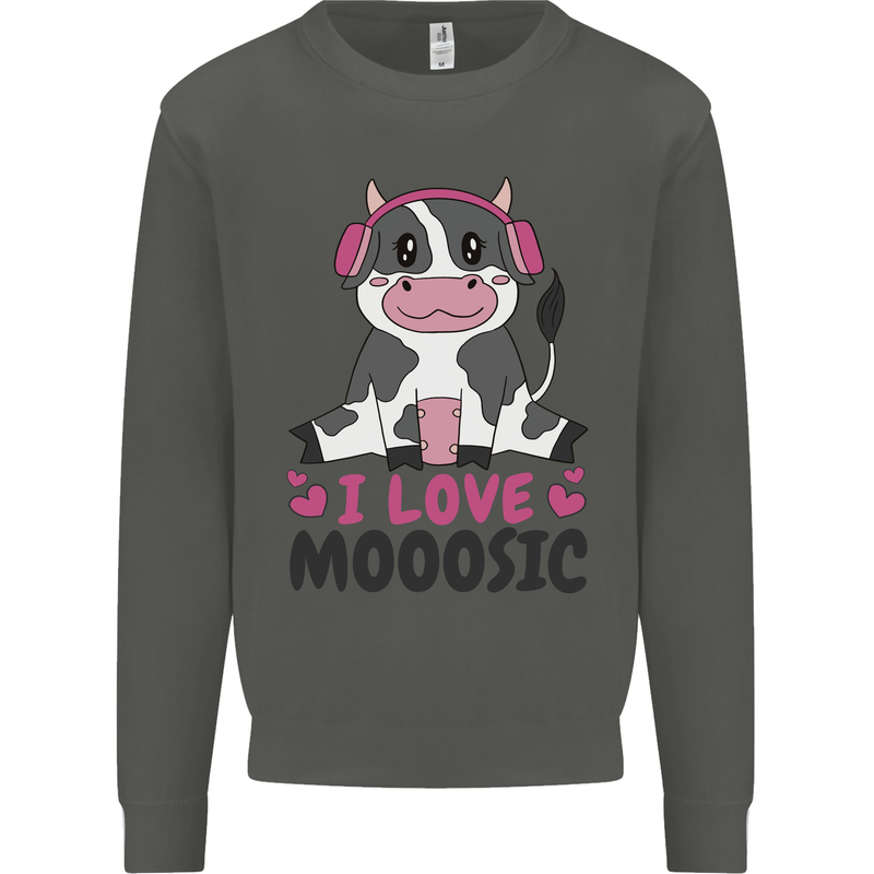 I Love Mooosic Funny Cow DJ Kids Sweatshirt Jumper Storm Grey