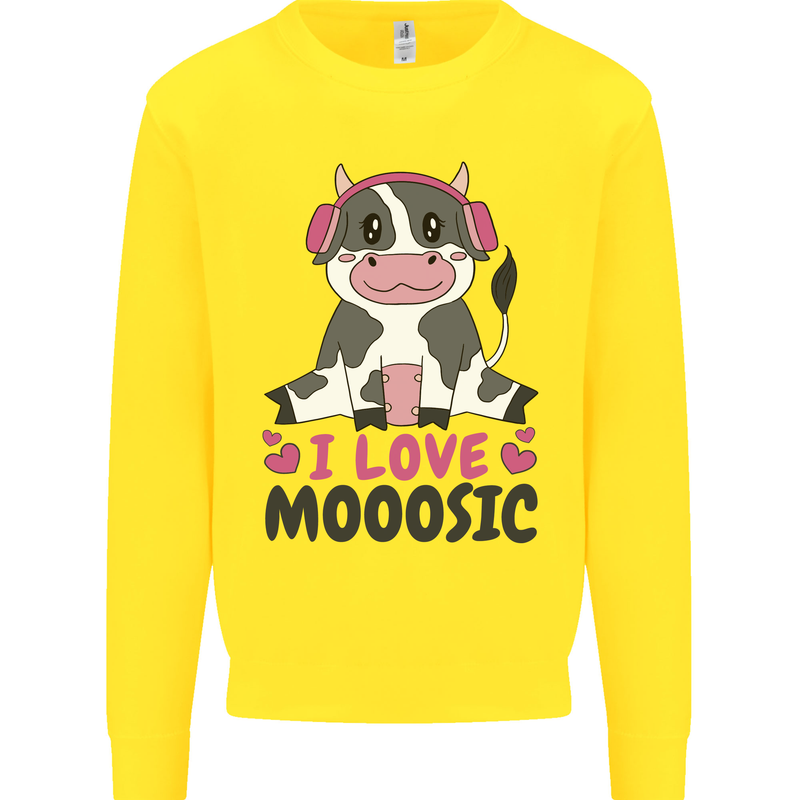 I Love Mooosic Funny Cow DJ Kids Sweatshirt Jumper Yellow