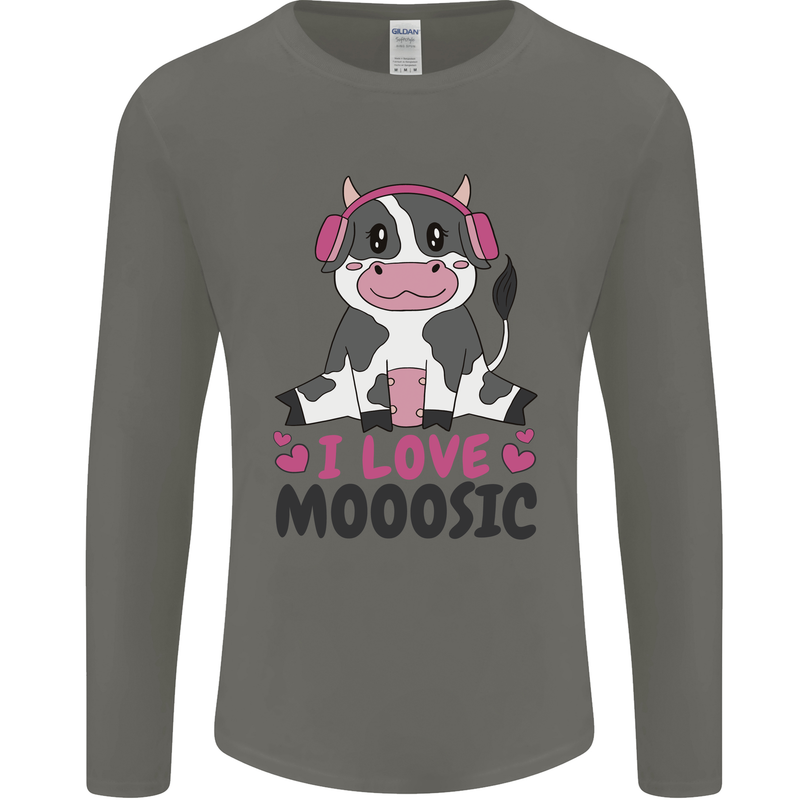 I Love Mooosic Funny Cow DJ Mens Long Sleeve T-Shirt Charcoal