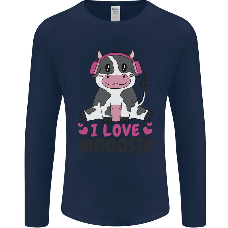 I Love Mooosic Funny Cow DJ Mens Long Sleeve T-Shirt Navy Blue