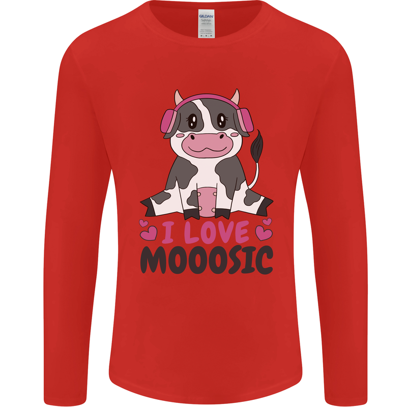 I Love Mooosic Funny Cow DJ Mens Long Sleeve T-Shirt Red