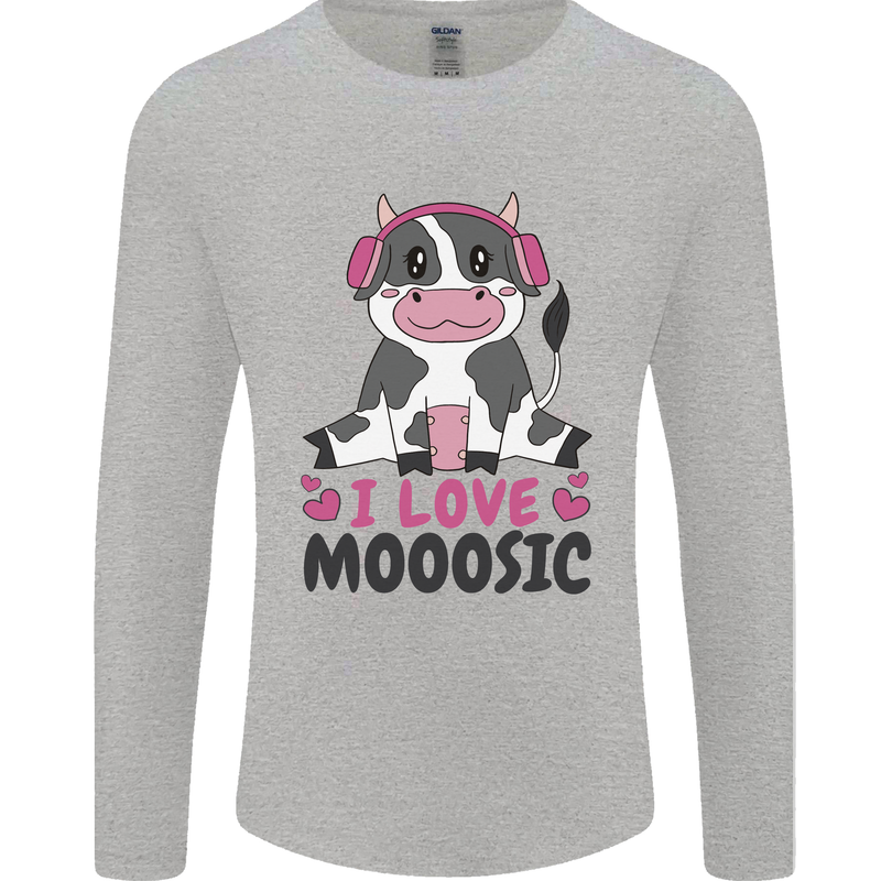 I Love Mooosic Funny Cow DJ Mens Long Sleeve T-Shirt Sports Grey