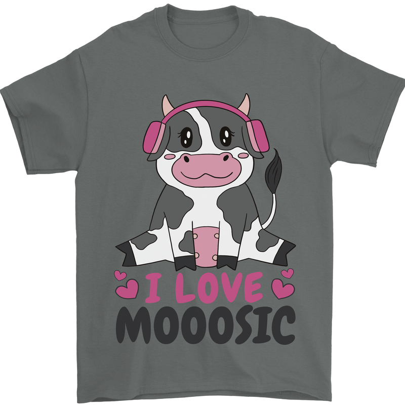 I Love Mooosic Funny Cow DJ Mens T-Shirt 100% Cotton Charcoal