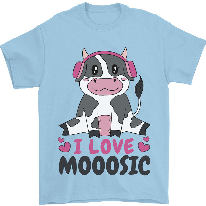 I Love Mooosic Funny Cow DJ Mens T-Shirt 100% Cotton Light Blue