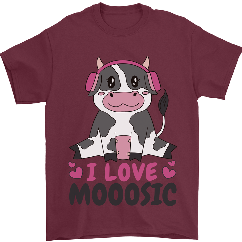 I Love Mooosic Funny Cow DJ Mens T-Shirt 100% Cotton Maroon