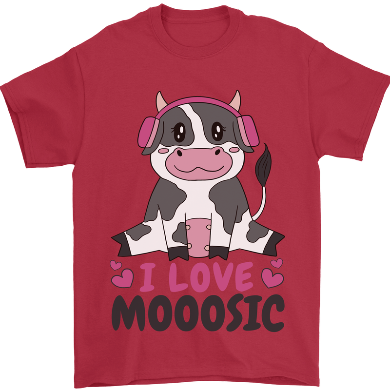 I Love Mooosic Funny Cow DJ Mens T-Shirt 100% Cotton Red