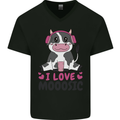 I Love Mooosic Funny Cow DJ Mens V-Neck Cotton T-Shirt Black