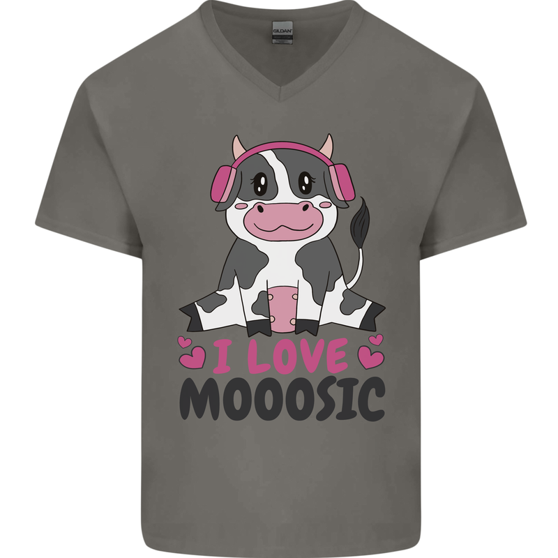 I Love Mooosic Funny Cow DJ Mens V-Neck Cotton T-Shirt Charcoal