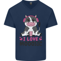 I Love Mooosic Funny Cow DJ Mens V-Neck Cotton T-Shirt Navy Blue