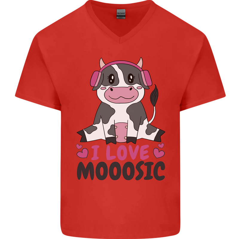 I Love Mooosic Funny Cow DJ Mens V-Neck Cotton T-Shirt Red