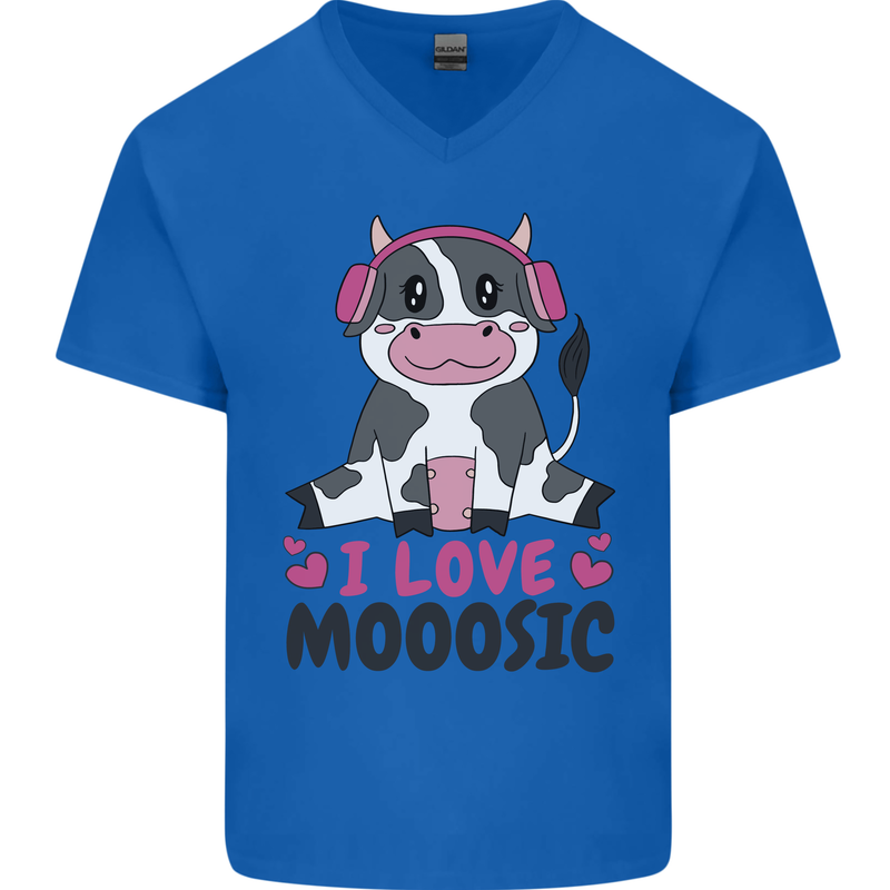 I Love Mooosic Funny Cow DJ Mens V-Neck Cotton T-Shirt Royal Blue