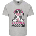 I Love Mooosic Funny Cow DJ Mens V-Neck Cotton T-Shirt Sports Grey