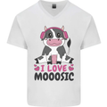 I Love Mooosic Funny Cow DJ Mens V-Neck Cotton T-Shirt White