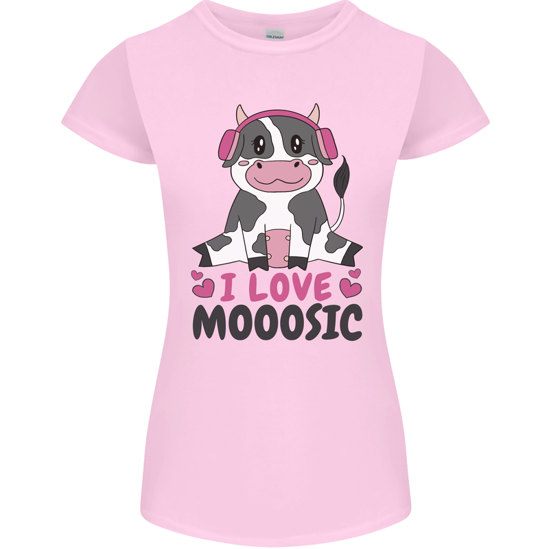 I Love Mooosic Funny Cow DJ Womens Petite Cut T-Shirt Light Pink