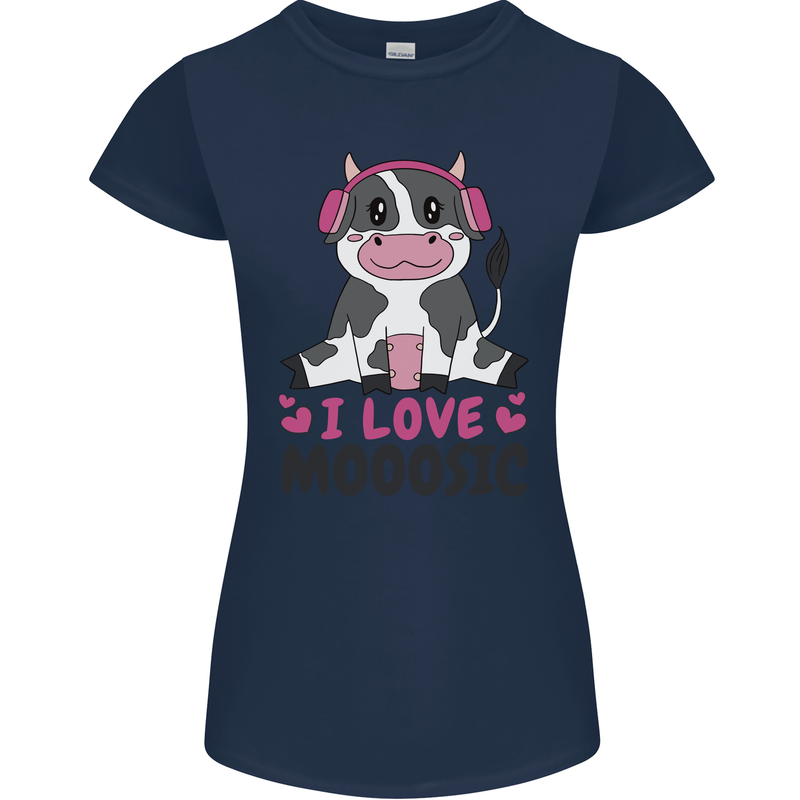 I Love Mooosic Funny Cow DJ Womens Petite Cut T-Shirt Navy Blue