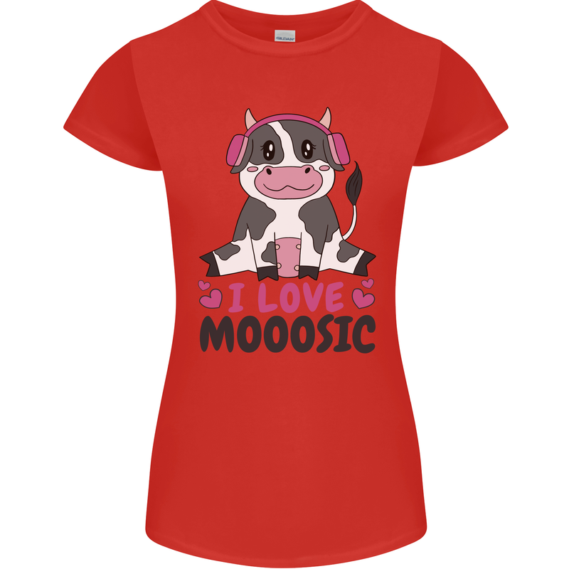 I Love Mooosic Funny Cow DJ Womens Petite Cut T-Shirt Red