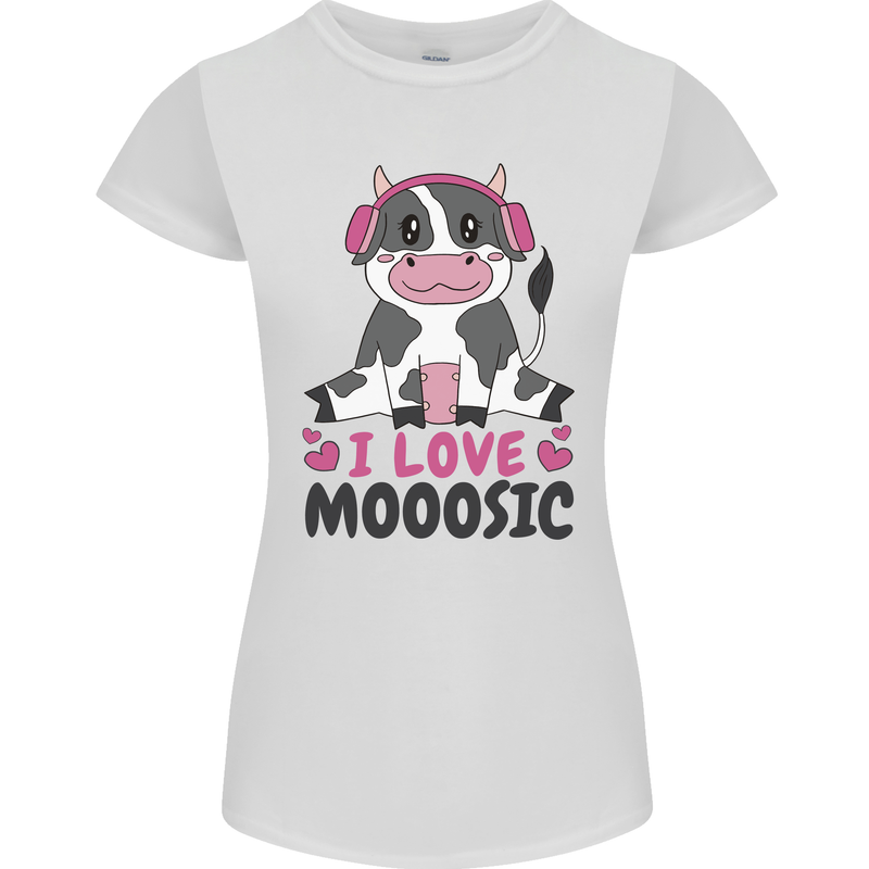 I Love Mooosic Funny Cow DJ Womens Petite Cut T-Shirt White