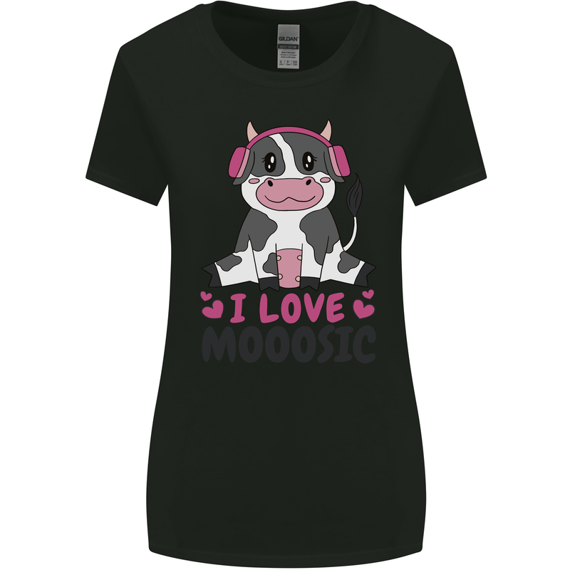 I Love Mooosic Funny Cow DJ Womens Wider Cut T-Shirt Black