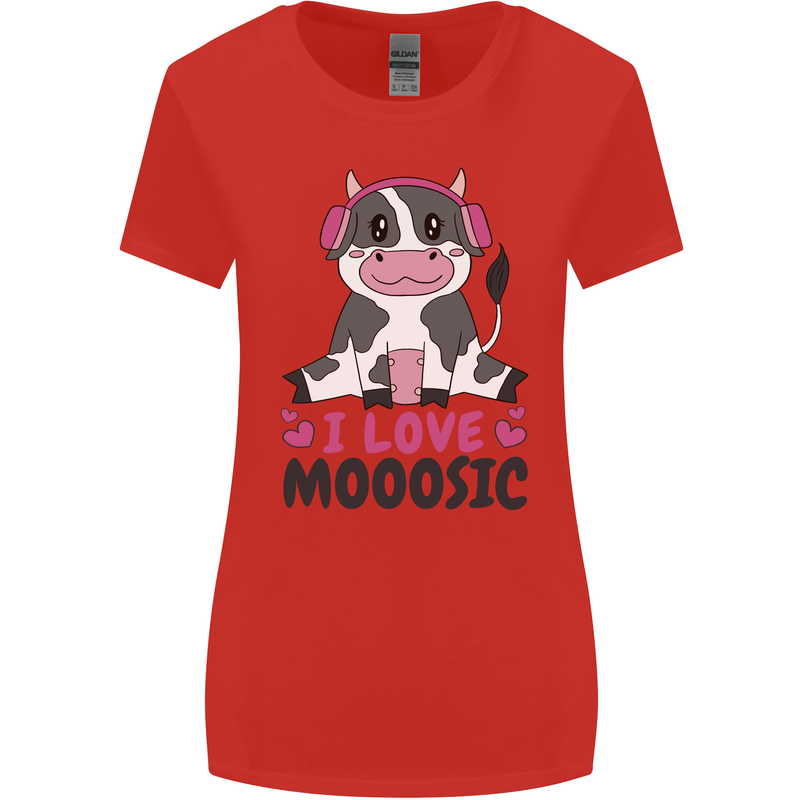 I Love Mooosic Funny Cow DJ Womens Wider Cut T-Shirt Red