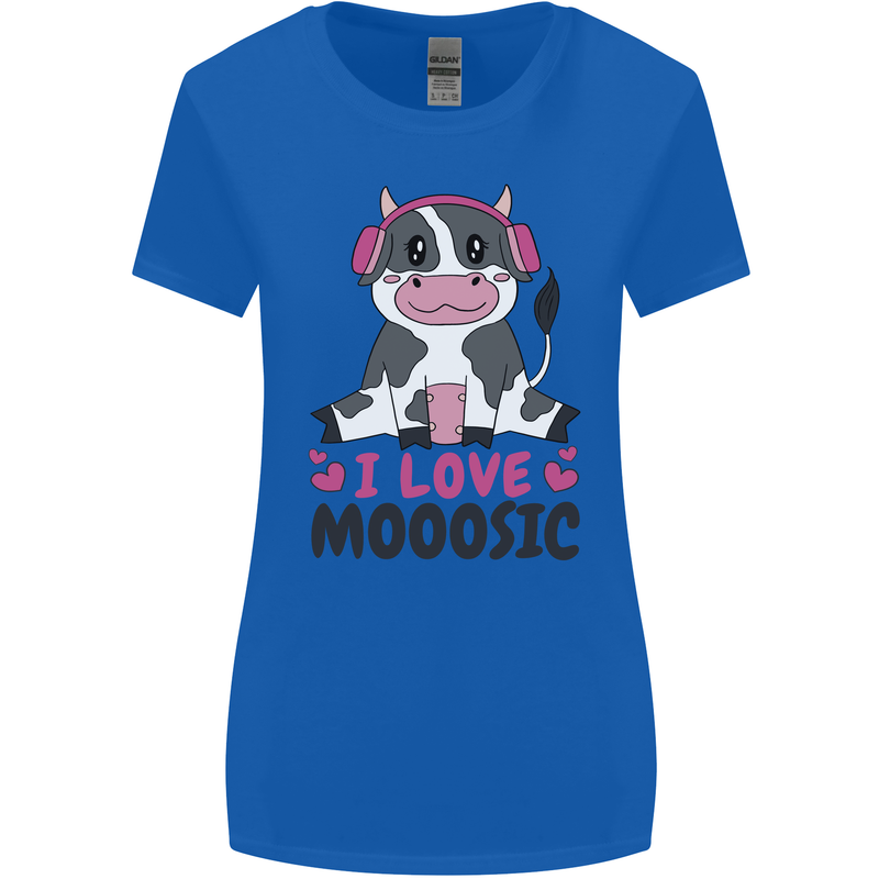 I Love Mooosic Funny Cow DJ Womens Wider Cut T-Shirt Royal Blue