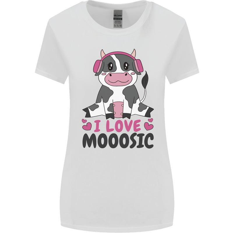 I Love Mooosic Funny Cow DJ Womens Wider Cut T-Shirt White