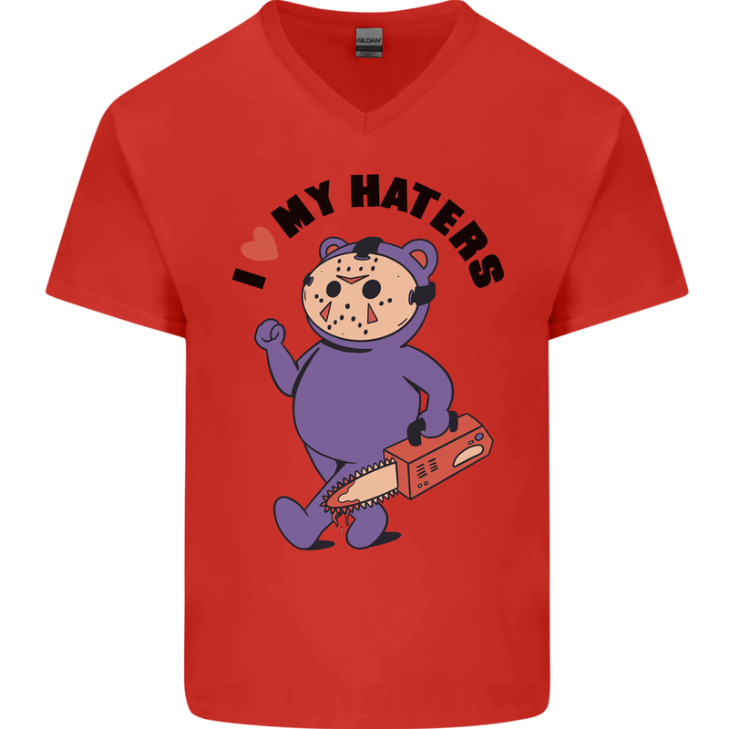 I Love My Haters Funny Halloween Mens V-Neck Cotton T-Shirt Red