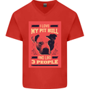 I Love My Pitbull & 3 People Funny Mens V-Neck Cotton T-Shirt Red