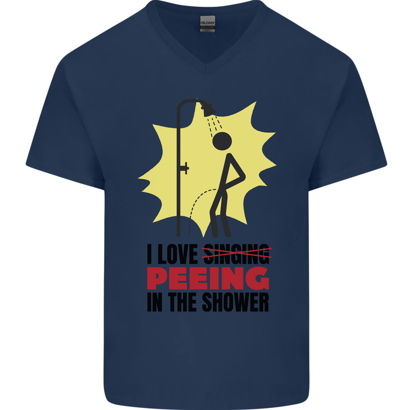 I Love Peeing in the Shower Funny Rude Mens V-Neck Cotton T-Shirt Navy Blue