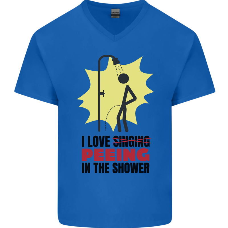 I Love Peeing in the Shower Funny Rude Mens V-Neck Cotton T-Shirt Royal Blue
