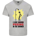I Love Peeing in the Shower Funny Rude Mens V-Neck Cotton T-Shirt Sports Grey
