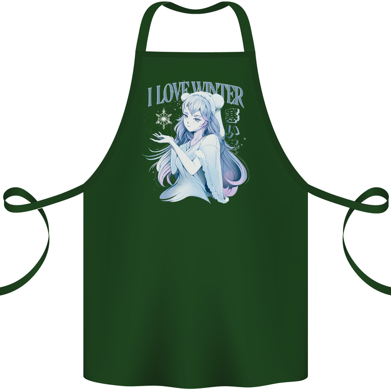 I Love Winter Anime Japanese Text Cotton Apron 100% Organic Forest Green