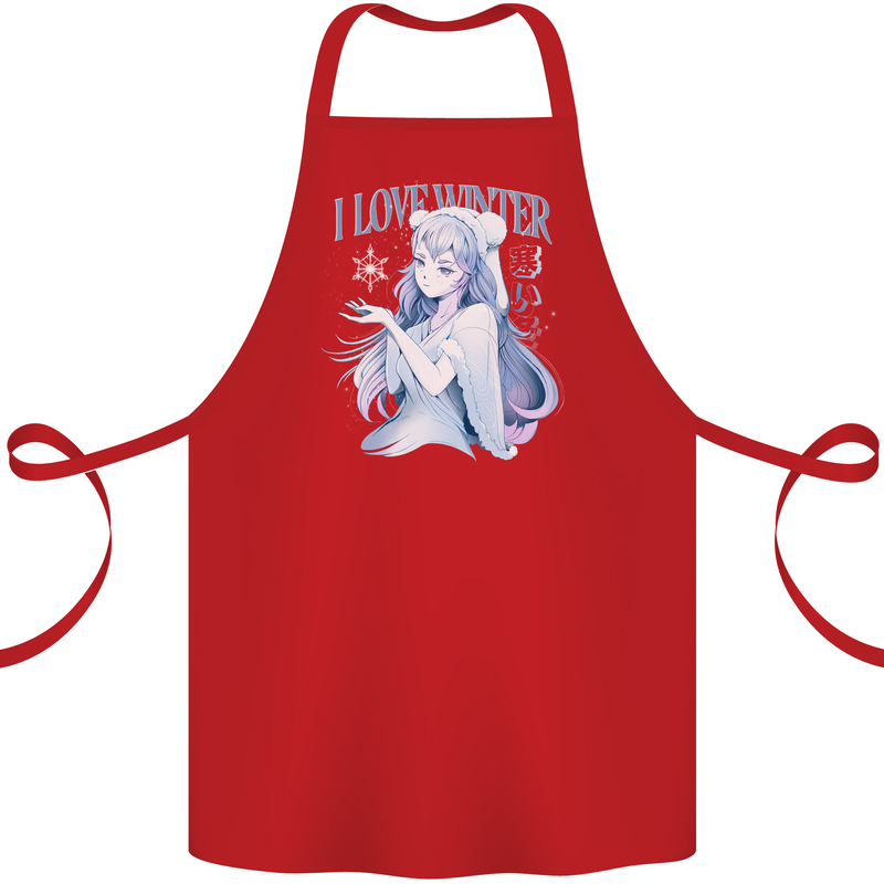 I Love Winter Anime Japanese Text Cotton Apron 100% Organic Red
