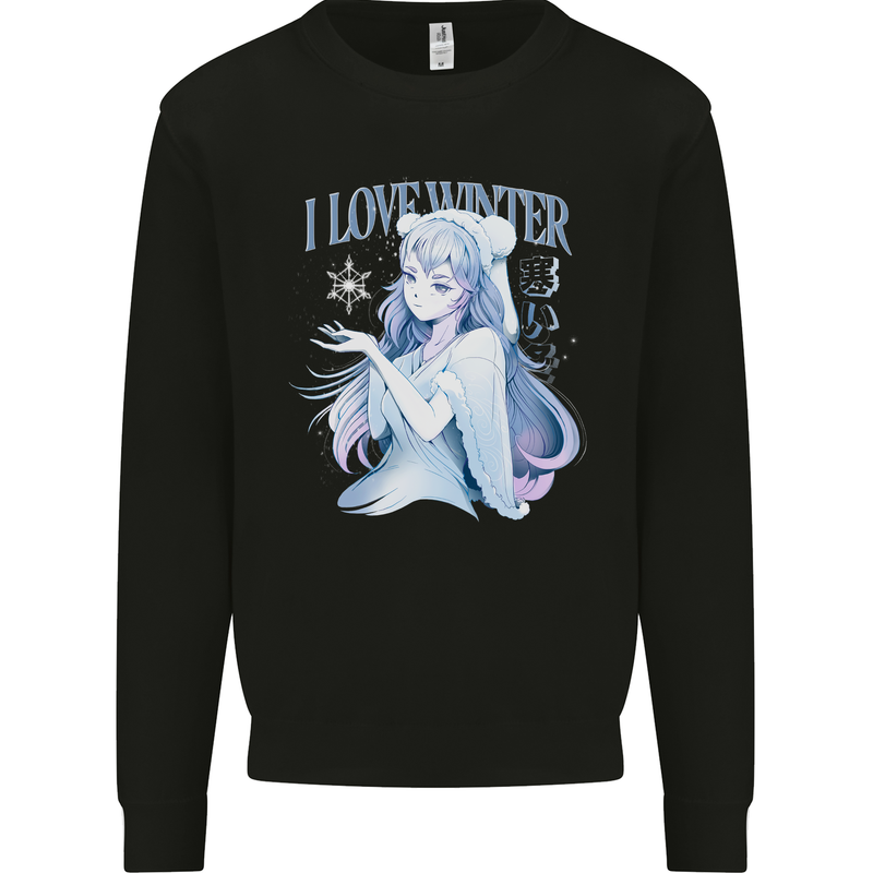 I Love Winter Anime Japanese Text Kids Sweatshirt Jumper Black