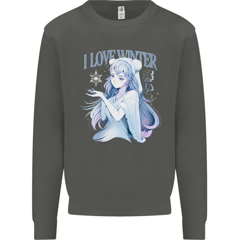 I Love Winter Anime Japanese Text Kids Sweatshirt Jumper Storm Grey