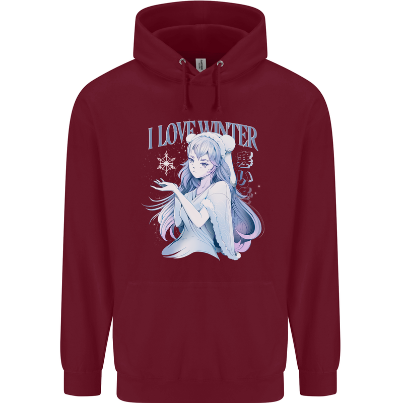 I Love Winter Anime Japanese Text Mens 80% Cotton Hoodie Maroon