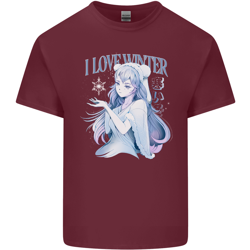 I Love Winter Anime Japanese Text Mens Cotton T-Shirt Tee Top Maroon