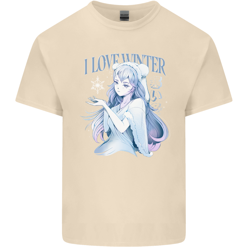 I Love Winter Anime Japanese Text Mens Cotton T-Shirt Tee Top Natural