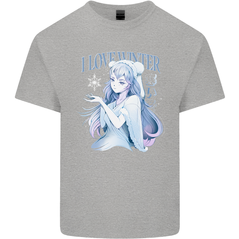 I Love Winter Anime Japanese Text Mens Cotton T-Shirt Tee Top Sports Grey