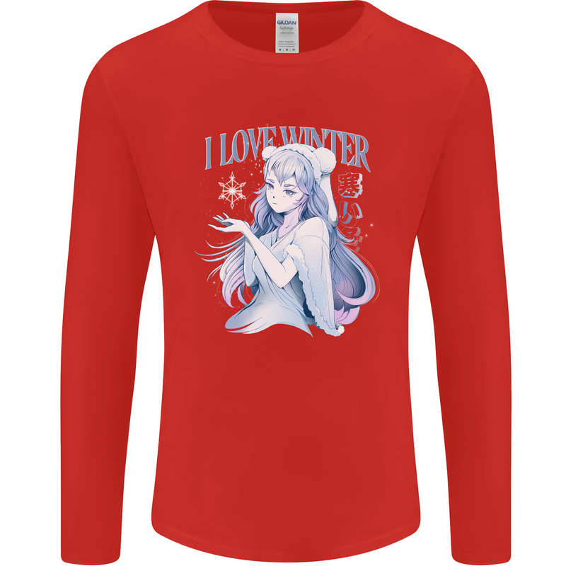 I Love Winter Anime Japanese Text Mens Long Sleeve T-Shirt Red