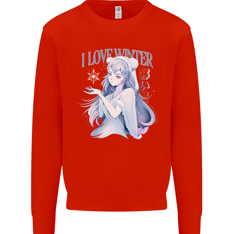 I Love Winter Anime Japanese Text Mens Sweatshirt Jumper Bright Red