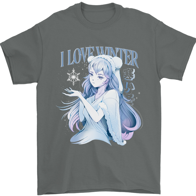 I Love Winter Anime Japanese Text Mens T-Shirt 100% Cotton Charcoal